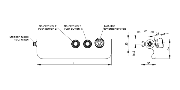Technical schematic of TG2 switch housing ledge handle displaying side and front views with push buttons and emergency stop button and detailed dimensional measurements in millimeters.